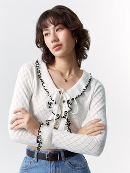 Pomelo - Bow Tie Ruffled Cardigan - Black/White