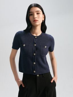 Pomelo - Gold Button Detail Short-Sleeve Cardigan - Dark Blue