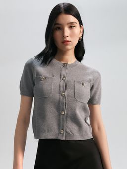 Pomelo - Gold Button Detail Short-Sleeve Cardigan - Mid Grey