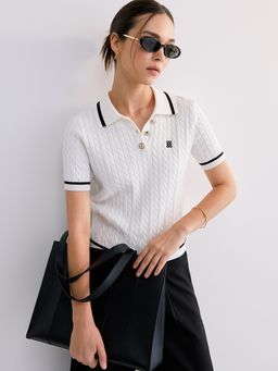 Pomelo - Cable Knitted Polo Top with Silver Hardware Detail - White