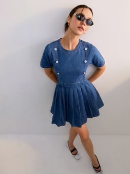 Pomelo - Heart Rhinestone Button Detail Denim Mini Dress - Blue