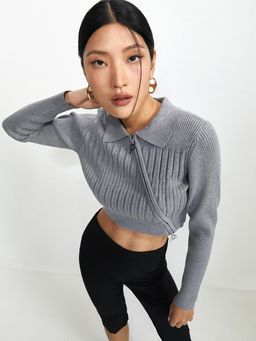 Pomelo - Oblique Zipper Knitted Cropped Jacket - Mid Grey