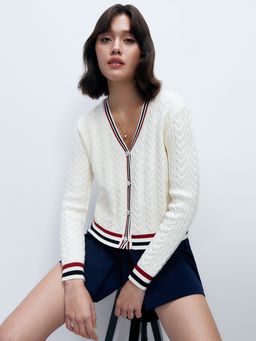 Pomelo - Diamond Button Detail Cable-Knitted Cardigan - White