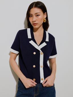 Pomelo - Contrast Trim Knitted Short-Sleeve Shirt with Gold Hardware Deta