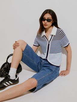 Pomelo - Knitted Zipper Stripe Short-Sleeve Cardigan - Blue
