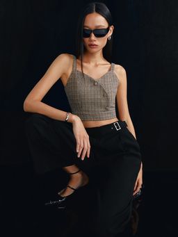 Pomelo - Houndstooth Cropped Sweetheart Crop Top - Brown