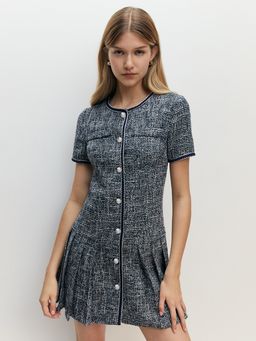 Pomelo - Silver Button Short Sleeve Tweed Mini Dress - Navy