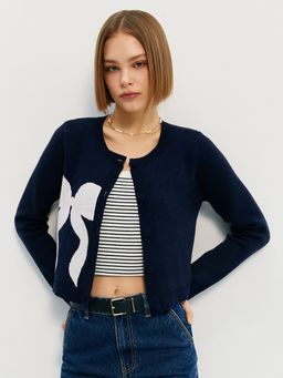Pomelo - Feminine Bow Printed Cozy Knitted Cardigan - Navy