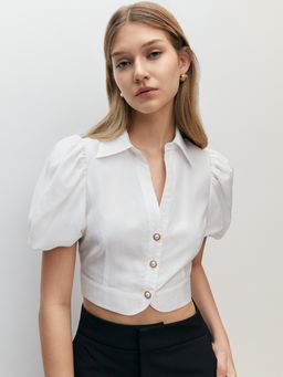 Pomelo - Puffed Sleeve Pearl Button Blouse - White