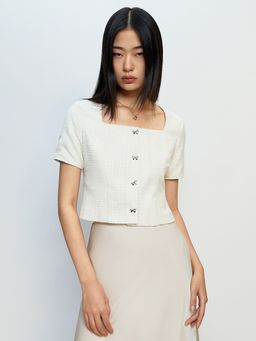 Pomelo - Tweed Woven Blouse - Beige