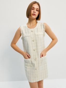 Pomelo - Tweed Sleeveless Button Mini Dress - Cream