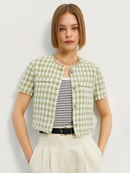 Pomelo - Buttons Tweed Short Sleeve Button Blouse - Light Green