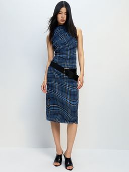 Pomelo - Ruched Wavy Plaid Printed Sleeveless Midi Dress - Blue