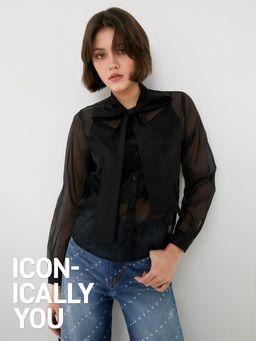 Pomelo - Bow-Tie Sheer Blouse - Black