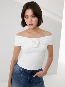 Pomelo - Floral Motif Off-Shoulder Top - White