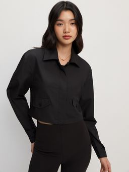 Pomelo - Cropped Utility Button Shirt - Black
