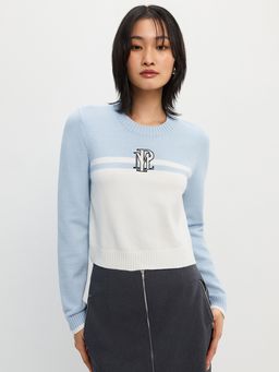 Pomelo - Knitted Trim Cuff Sweater - Baby Blue
