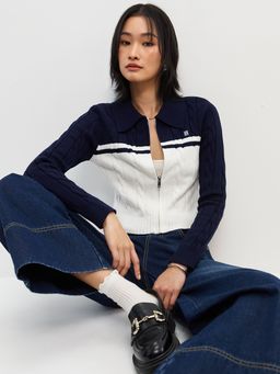 Pomelo - Two Tone Knitted Zipper Jacket - Navy