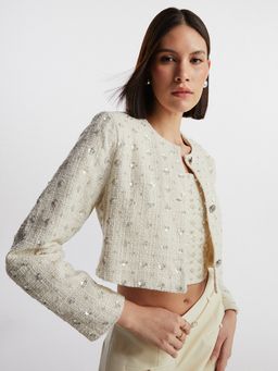 Pomelo - Floral Sequin Embellished Cropped Tweed Jacket - Cream