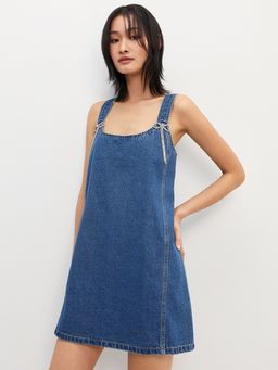 Pomelo - Diamante Bow Denim Dress - Blue