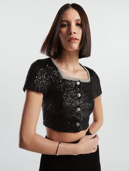 Pomelo - Contrast Neckline Sequin Cropped Button Blouse - Black