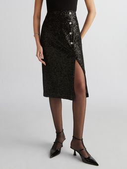 Pomelo - Sequin Wrap Button Midi Skirt - Black