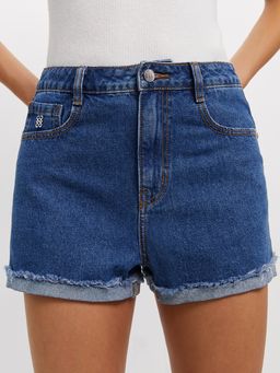 Pomelo - Logo Frayed Denim Shorts - Blue