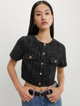 Pomelo - Tweed Crop Top - Black