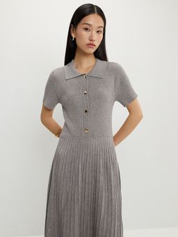 Pomelo - Buttoned Pleat Knit Dress - Mid Grey