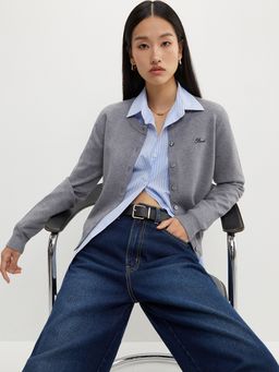 Pomelo - Embroidered Cardigan - Mid Grey