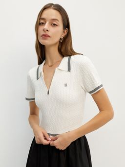 Pomelo - Polo Cable Knit Top - Off-White