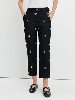 Pomelo - Floral Embroidery Jeans - Black