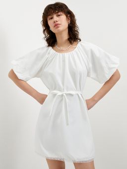 Pomelo - Bow Tie Puffed Sleeve Dress - White