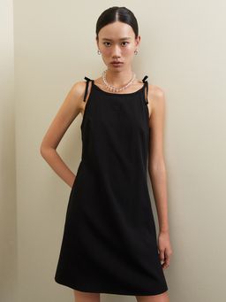 Pomelo - Shoulder Tie Lace Trim Dress - Black