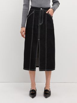 Pomelo - Front Slit Denim Skirt - Black