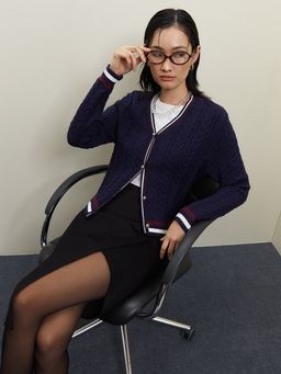 Pomelo - Contrast Trim Knit Cardigan - Navy