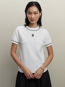 Pomelo - Contrast Trim Knit Top - White