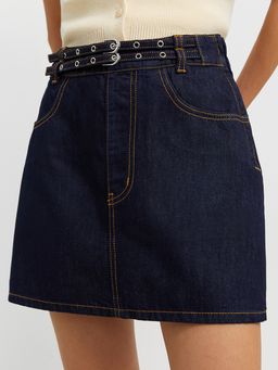 Pomelo - Belted Denim Skort - Dark Blue
