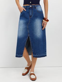 Pomelo - Front Slit Denim Skirt - Blue