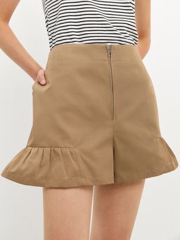 Pomelo - Ruffled Zipper Shorts - Beige