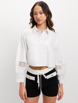 Pomelo - Lace Panel Crop Shirt - White