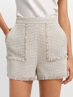 Pomelo - Tweed Fringe Trim Shorts - White