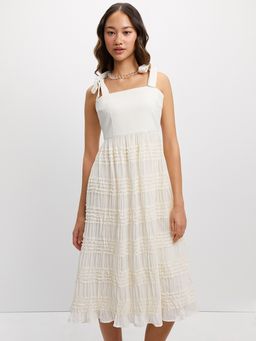 Pomelo - Shoulder Bow Tie Frill Dress - Nude