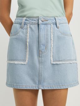 Pomelo - Frayed Denim Skirt - Light Blue