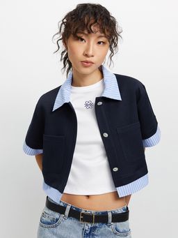 Pomelo - Striped Trim Top - Dark Navy