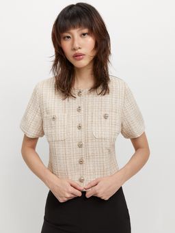 Pomelo - Tweed Button-Up Blouse - Beige