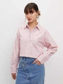 Pomelo - Cropped Striped Button-Up Shirt - Pink