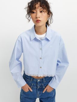 Pomelo - Striped Lace Trim Shirt - Light Blue