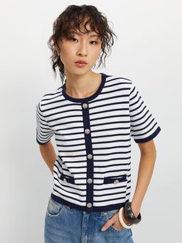 Pomelo - Buttoned Striped Top - Navy/White
