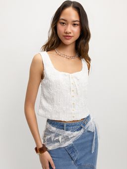 Pomelo - Floral Textured Flower Button Top - White